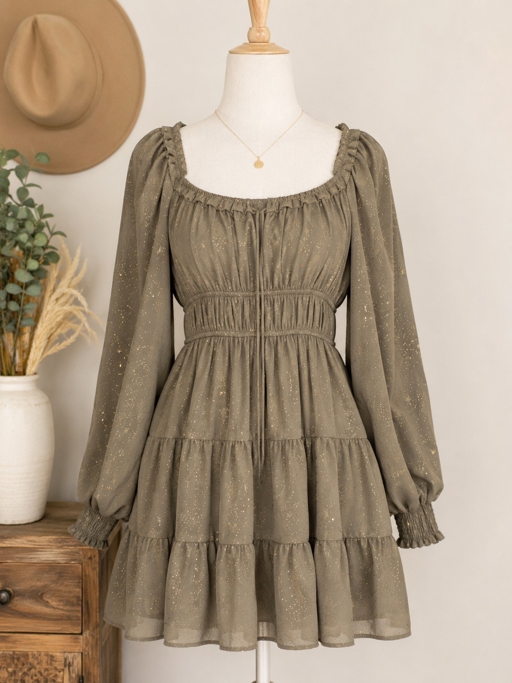 Moon River Olive Green Gold Speckled Tiered Mini Dress Size Small Boho Cot